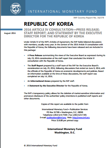 A 2016 Article IV report for South Korea published on Sept. 8 by the IMF