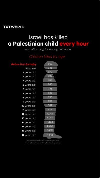 튀르키예의 공영 국제뉴스 채널인 ‘티아르티(TRT)월드’가 만든 ‘이스라엘이 매시간 팔레스타인 어린이를 한 명씩 살해하고 있다’는 제목의 그래픽