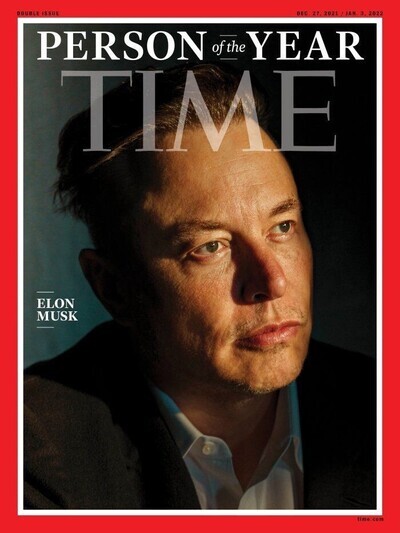 The cover of Time magazine, which selected Elon Musk as its Person of the Year for 2021.