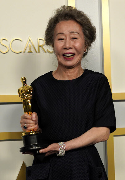 South Korean actor Youn Yuh-jung, winner of the award for best supporting actress for her role as Soon-ja in 