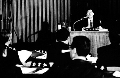A special forces commander testifying during a hearing regarding the Gwangju movement in 1988. (provided by the May 18th Memorial Foundation)