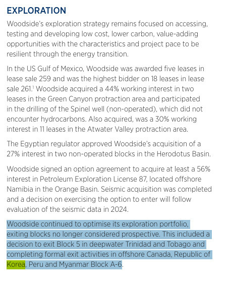 2023년 우드사이드 연례보고서 갈무리. 미래가치가 없어(no longer considered prospective) 철수(exit)결정을 한 기록.