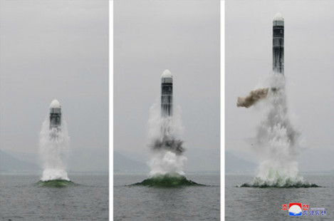 An image of North Korea’s test launch of the SLBM Pukguksong-3 released by the Korean Central News Agency on Oct. 2.