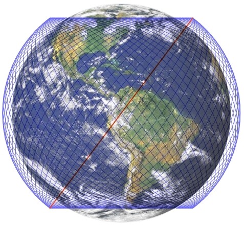 스타링크 제1차 우주인터넷망. 한 궤도에 22기씩 총 72개의 궤도를 형성한다. 스페이스엑스 제공