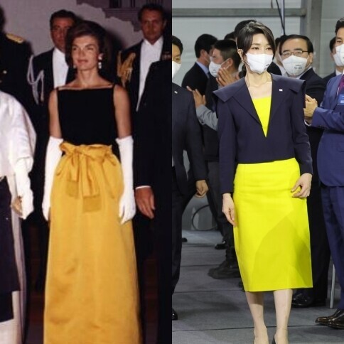Kim Keon-hee’s attire for the launch of the Jeongjo the Great destroyer on July 28, 2022, has been compared to that worn by Jacqueline Kennedy shown on the left. (social media screenshot/Yonhap)