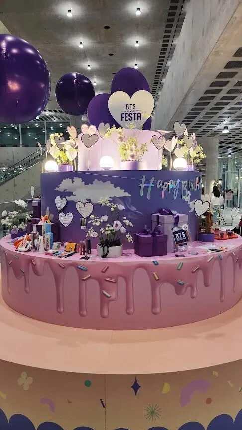 The “BTS Festa Zone” in cosmetic brand Amore Pacific’s headquarters in Seoul in June 2023, marking 10 years of BTS. (courtesy author)