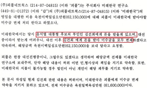 “김건희 돈 받아 6천만원 갚겠다” 미래한국연 각서 공개