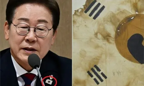 이 대통령, 이틀째 ‘진관사 태극기’ 배지…불탄 모서리에 서린 숙연한 역사