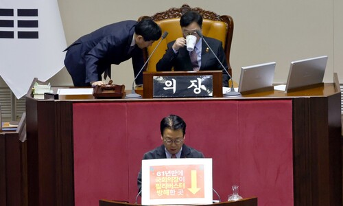 “61년 만에 의장이 방해한 곳”…곽규택, 팻말 세우고 필리버스터 “61년 만에 의장이 방해한 곳”…곽규택, 팻말 세우고 필리버스터