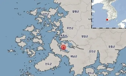 전남광주 해남서 규모 2.6 지진 발생…서북서쪽 21㎞ 지점