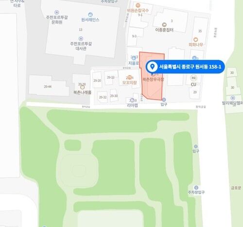 네이버 지도에 표시한, 서울특별시 종로구 원서동 158-1번지 옛 김태준의 집. 1941년 1월7일 이관술이 체포된 곳.