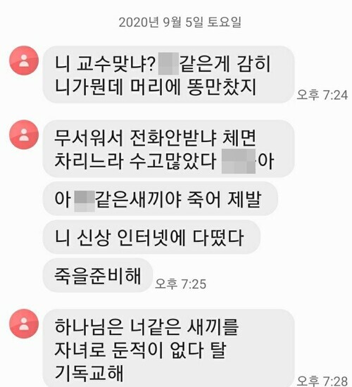 Part of an abusive text Chae Jeong-ho, a professor in the mental health department of the medical school at the Catholic University of Korea, has received. (provided by Chae Jeong-ho)