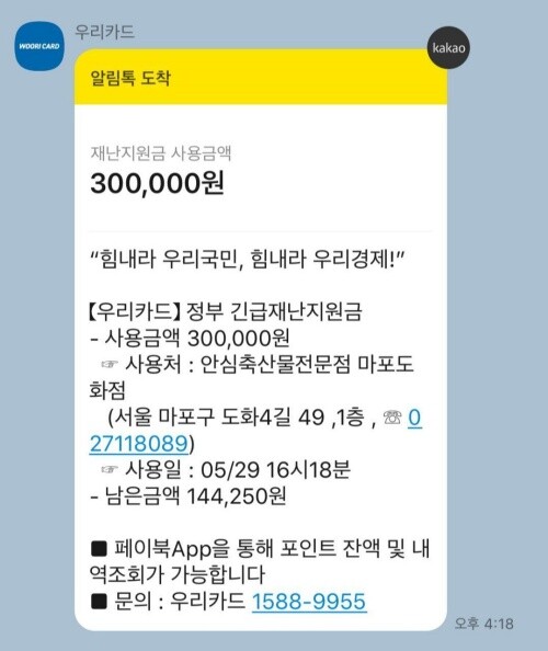 동네 시장 정육점에서 30만원 선결제를 한 유주명씨 긴급재난지원금 사용 내역. 유주명 제공