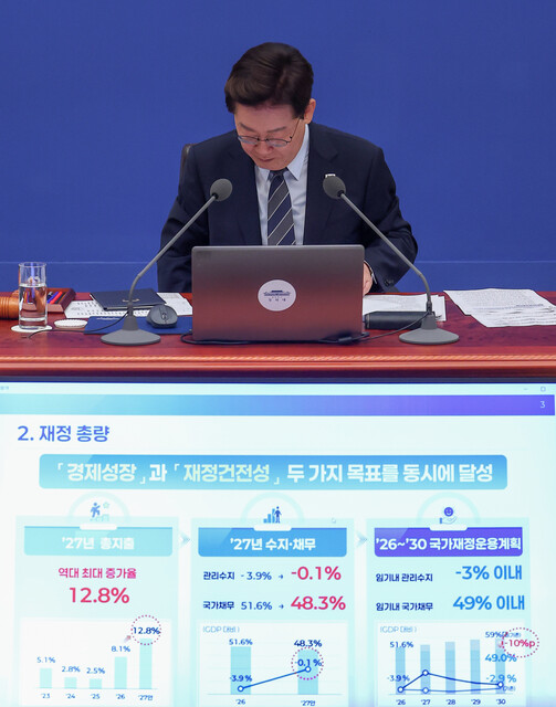 이재명 대통령이 지난 1일 청와대에서 열린 국무회의에서 기획예산처의 2027년도 예산안 및 2026~2030 국가재정운용계획 관련 보고를 받고 있다. 연합뉴스
