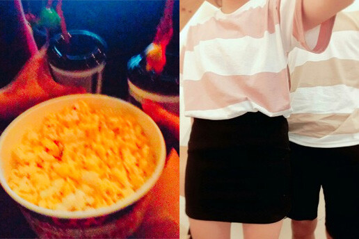 Photos of 13-year-olds Kang Jo-eun and Kim Ye-sol eating popcorn and wearing matching t-shirts with their boyfriends. (provided by Kang and Kim)
