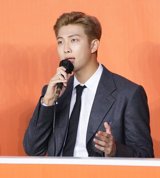 BTS member RM speaks during a press conference held at SoFi Stadium in Inglewood, Los Angeles, on Sunday. (provided by BigHit Music)