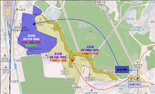 서울시 용산구 해방촌 일대의 고지대, 중지대, 저지대 분포. 서울시 제공