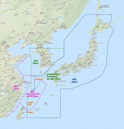 A map showing the Air Defense Identification Zones for China