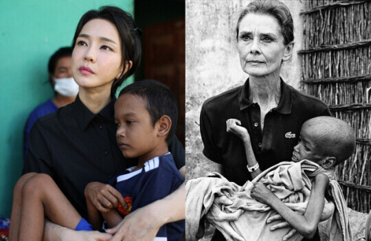 Kim Keon-hee, the wife of South Korean President Yoon Suk-yeol, holds a Cambodian child diagnosed with a heart condition on Nov. 12 during her visit to Phnom Penh. Some have compared the photo of her to that of Audrey Hepburn holding a Somali child. (Yonhap/social media screenshot)