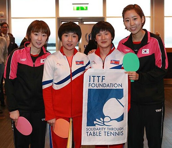 The South and North Korean women’s teams at the 2018 World Team Table Tennis Championships in Halmstad