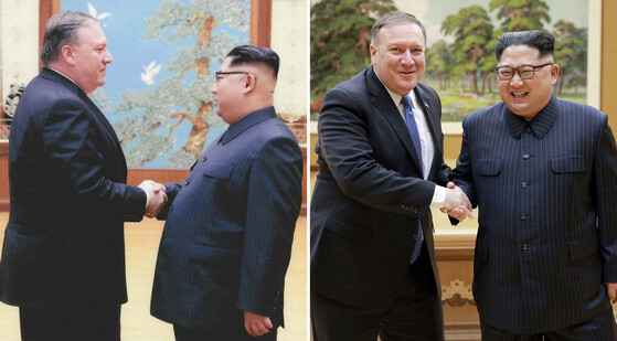 US Secretary of State Mike Pompeo shakes hands with North Korean leader Kim Jong-un in Pyongyang. Pompeo took his first visit to Pyongyang (left) during Easter weekend (Mar. 31-Apr.1). He visited Pyongyang again on May 9 for his second meeting with Kim. (Korean Central News Agency)
