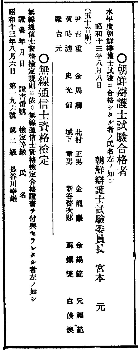 <조선총독부관보> 제3469호(1938년 8월9일)에 실린 1938년도 조선변호사시험 합격자 명단. 김용암의 이름이 13명 명단 가운데 네 번째로 올라 있다. 임경석 제공