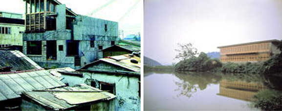  김개천 교수의 담양 정토사 무량수전. 한국 현대건축 가운데 주목받은 사례들이다. 왼쪽 공부방은 저소득층 지역의 건축적 질서에 순응한 점이
