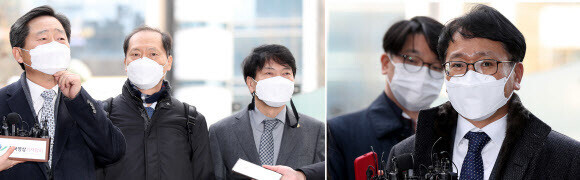 The legal teams for Prosecutor General Yoon Seok-youl (left) and the Ministry of Justice at the Seoul Administration Court on Dec. 22. (Yonhap News)