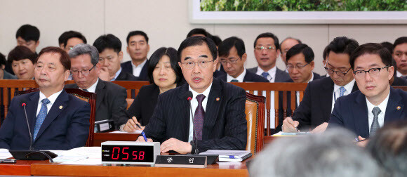 South Korean Minister of Unification Cho Myoung-gyon speaks during a hearing of the Foreign Affairs and Unification Committee’s parliamentary audit at the National Assembly on Oct. 11. (Yonhap News)