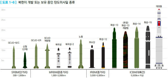 The South Korean Ministry of National Defense’s 2018 Defense White Paper categorizes the different types of missiles maintained or being developed by North Korea. The projectiles launched on May 4 and 9 are said to be similar to a new type of short-range ballistic missile that uses solid fuel (second from left).