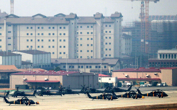 Helicopters on standby at the US Army garrison Camp Humphreys in Pyeongtaek
