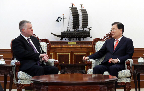 Blue House National Security Office director Chung Eui-yong meets with US State Department Special Representative for North Korea Policy Stephen Biegun at the Blue House on Dec. 21. (provided by the Blue House)