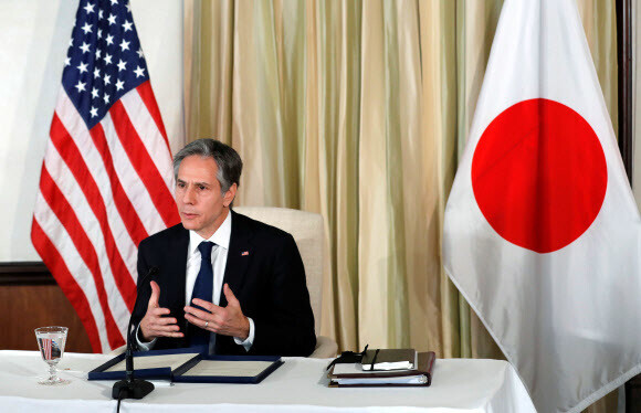 US Secretary of State attends a virtual business roundtable Tuesday at the US Ambassador’s residence in Tokyo. (Reuters/Yonhap News)