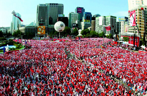 supporters of the South Korean national soccer team at Seoul City Hall Square during the 2002 World Cup.