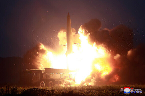 An image published by the Korean Central News Agency (KCNA) of a test launch of a 