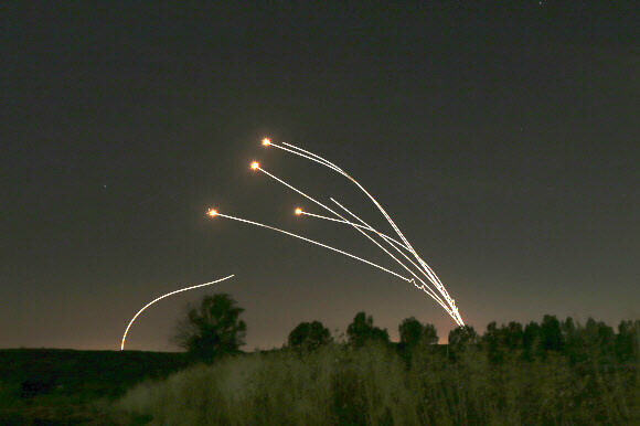 Israel’s Iron Dome system intercepts rockets fired from the Gaza Strip on Aug. 4. (AP/Yonhap News)