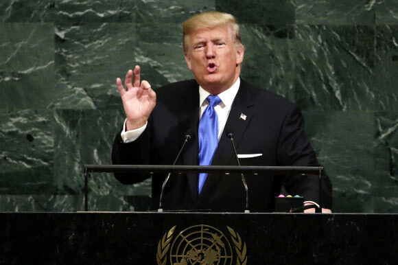 US President Donald Trump speaks to the UN General Assembly in New York on Sept. 19 (EPA/Yonhap News)
