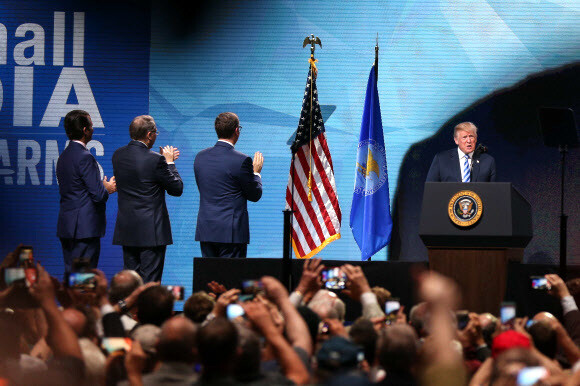 US President Donald Trump speakers to gatherers at an event for the National Rifle Association (NRA) at the Kay Bailey Hutchison Convention Center in Dallas on May 4