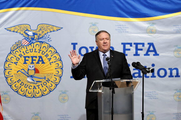 US Secretary of State Mike Pompeo addresses farmers and Future Farmers of America (FFA) students at Johnston High School in Iowa on Mar. 4. (AP)