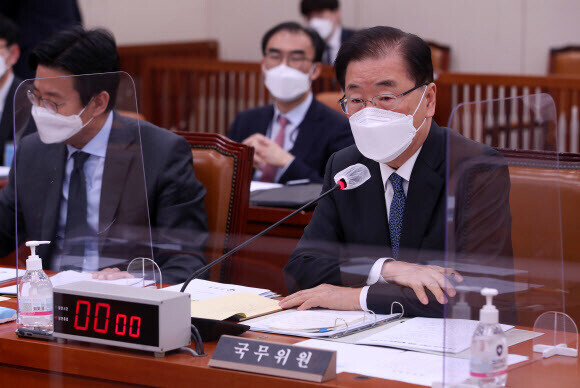 Minister of Foreign Affairs Chung Eui-yong testifies Tuesday before the National Assembly Committee on Foreign Affairs and Unification. (Yonhap News)