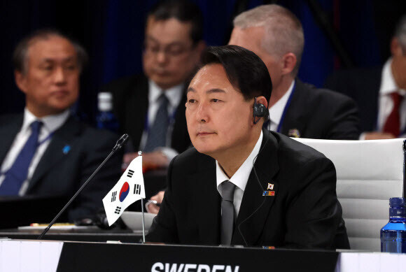 President Yoon Suk-yeol takes part in the NATO summit for allies and partners in Madrid, Spain, on June 29. (pool photo)