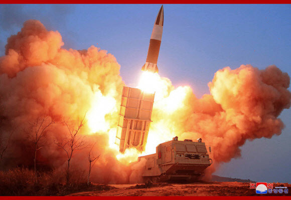 A North Korean projectile launch of the North Korean model of the US Army Tactical Missile System (ATACMS) from a transporter erector launcher. (Yonhap News)