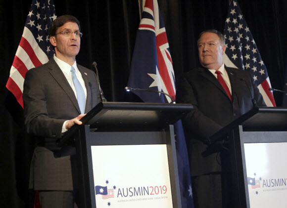 US Secretary of Defense Mark Esper (left) and Secretary of State Mike Pompeo hold a press conference after meeting with Australian Minister of Foreign Affairs Marise Payne and Minister of Defense Linda Reynolds in Sydney