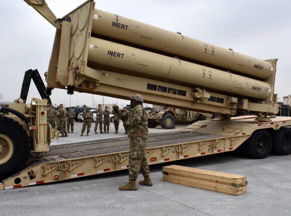 A THAAD missile launcher is seen during a US Forces Korea training exercise at Camp Humphreys in Pyeongtaek, Gyeonggi Province, in April 2019, prompting concerns of a test launch at the time. (USFK 35th Air Defense Artillery Brigade Facebook account)