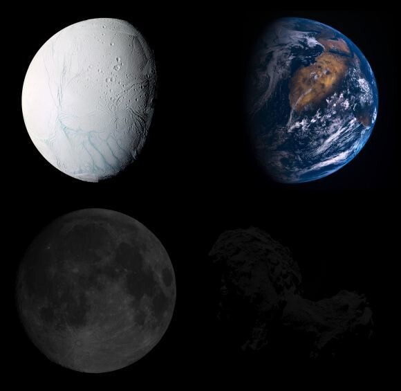 엔셀라두스와 지구(윗줄), 달과 혜성 67P/CG(아랫줄)의 빛반사율에 따른 밝기 비교. 유럽우주국 제공