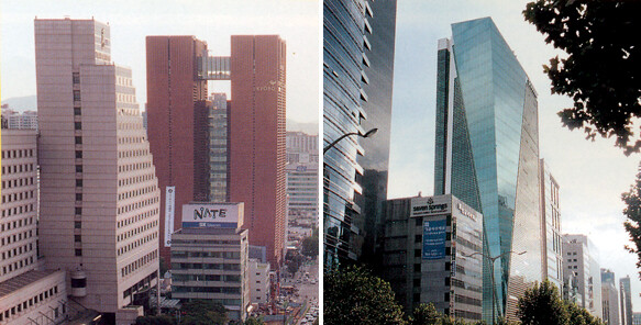 외국 건축가가 설계한 서울 강남의 랜드마크 빌딩들. 마리오 보타가 설계한 교보강남타워(왼쪽)와 미국의 건축설계조직 KPF가 설계한 포스틸 타워. 건축잡지 <와이드> 제공