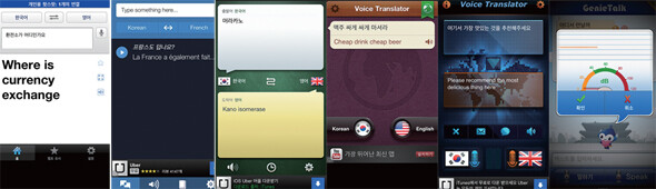 외국어를 몰라도 다른 언어를 쓰는 이들과 자연스럽게 대화하는 것은 언제쯤 가능할까. 현재 스마트폰에서 이용할 수 있는 자동 번역 앱들은 뛰어난 음성인식 기능을 보였고, 일상어가 아닌 여행 중 자주 사용하는 용어 등을 제시했을 때는 높은 정확도를 나타냈다. 왼쪽부터 구글 번역, 트랜스레이트 프로, 아이핸디 트랜스레이터, 보이스 투 보이스 트랜스레이터, 보이스 트랜스레이터, 지니톡.