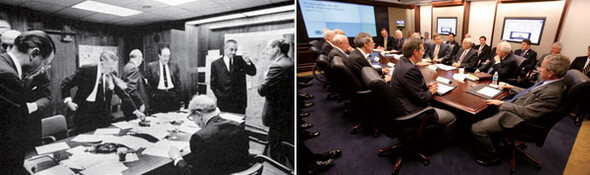 과거의 백악관 지하 상황실과 오늘날의 상황실 모습. 1960년대 린든 존슨 대통령이 상황실 회의실에서 베트남전 대책회의를 하고 있다(왼쪽). 2008년 5월 같은 장소에서 조지 부시 대통령이 국립허리케인센터의 화상 보고를 받고 있다. 2006년 전면 개조 이후에야 백악관 상황실은 첨단장비를 고루 갖췄다. 왼쪽부터 미국 중앙정보국 홈페이지·REUTERS/ WHITE HOUSE/ ERIC DRAPER
