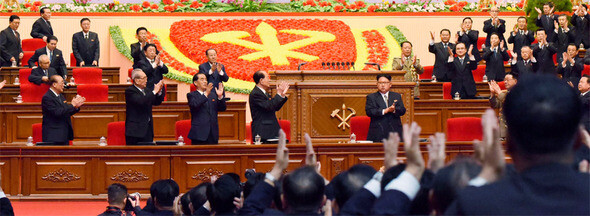 North Korean leader Kim Jong-un is applauded by participants after being named chairman of the Korean Workers’ Party (KWP) during its seventh congress on May 9. (Kyodo/Yonhap News)