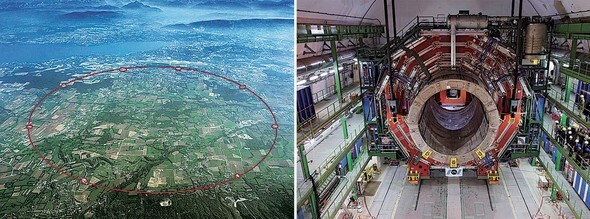 지난 9월 초 완공된 거대 강입자충돌기(오른쪽)와 건설 전 조감도. 현재 LHC는 연결 장치의 문제로 가동이 중단된 상태다. 유럽입자물리연구소(CERN)는 내년 봄 재가동에 들어갈 수 있을 것이라고 밝혔다. 유럽입자물리연구소 제공.